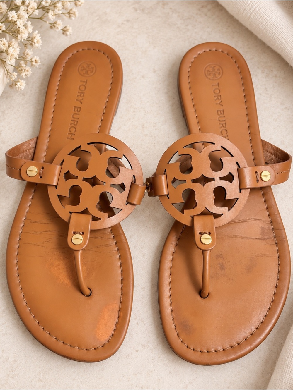 Tory Burch Miller Tan Brown Leather Logo Thong Sandals